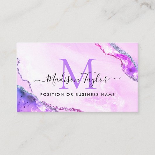 Paars Violet Glitter Agate Custom Logo Monogram Visitekaartje (Voorkant)