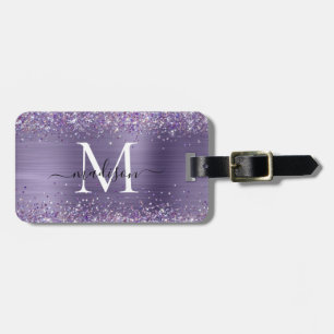Paars Violet Glitter Brush Metal Monogram Script Bagagelabel