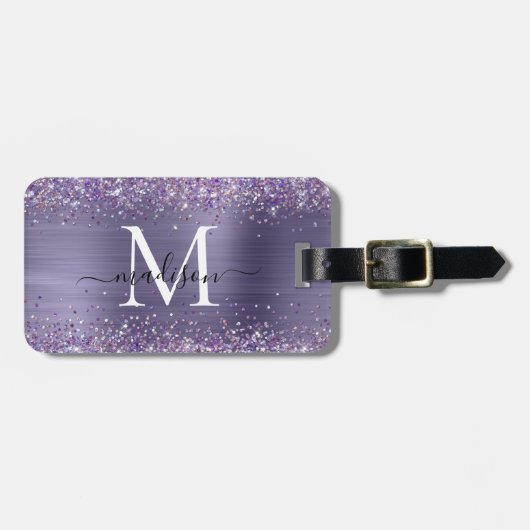 Paars Violet Glitter Brush Metal Monogram Script Bagagelabel (Voorkant horizontaal)