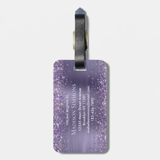 Paars Violet Glitter Brush Metal Monogram Script Bagagelabel (Achterkant verticaal)