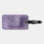 Paars Violet Glitter Brush Metal Monogram Script Bagagelabel (Achterkant horizontaal)