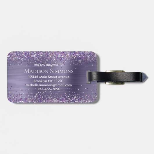 Paars Violet Glitter Brush Metal Monogram Script Bagagelabel (Achterkant horizontaal)