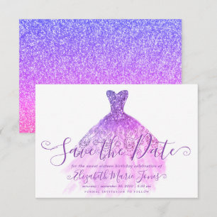 Paars Violet Glitter ChicDress Sweet 16 Birthday Save The Date