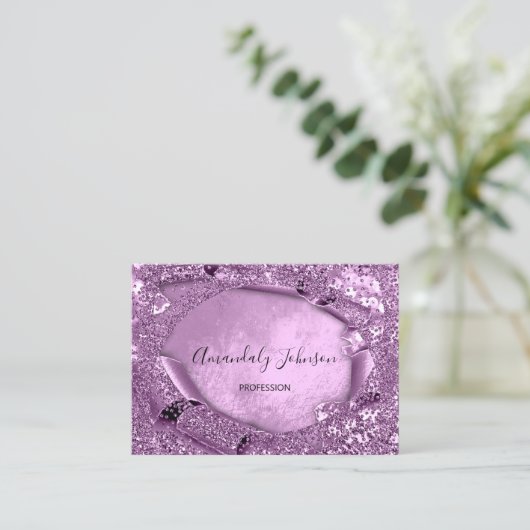 Paars Violet Glitter Confetti Makeup Artiest Vip Visitekaartje (Staand voorkant)