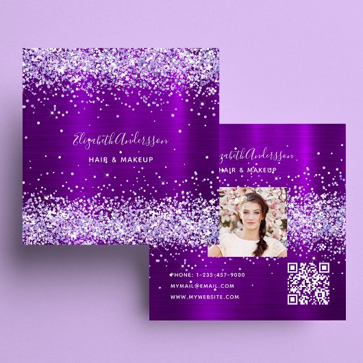 Paars violet glitter foto qr code vierkante visitekaartje