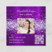 Paars violet glitter foto qr code vierkante visitekaartje (Achterkant)