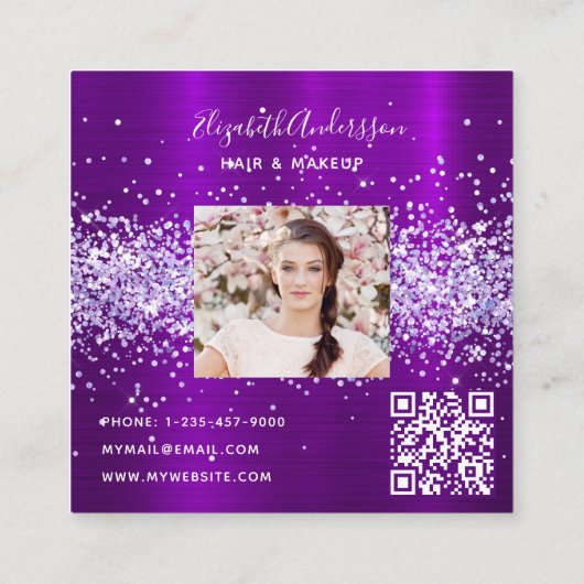 Paars violet glitter foto qr code vierkante visitekaartje (Achterkant)
