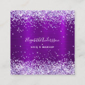 Paars violet glitter foto qr code vierkante visitekaartje (Voorkant)
