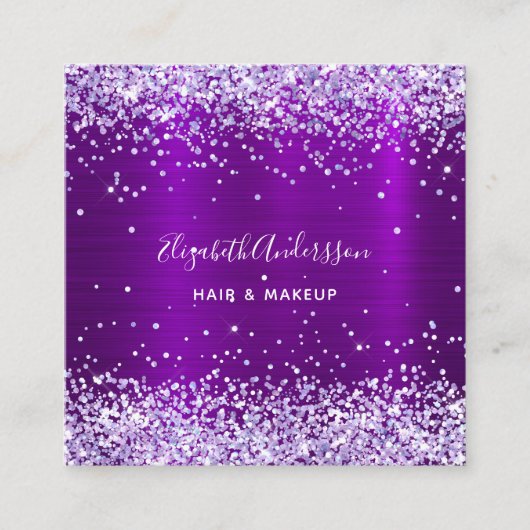 Paars violet glitter foto qr code vierkante visitekaartje (Voorkant)