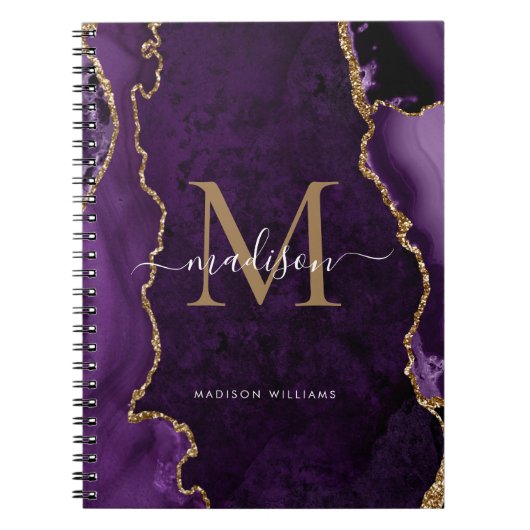 Paars Violet Gold Agate Geode Monogram Notitieboek (Voorkant)
