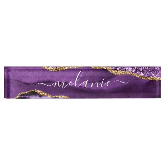 Paars Violet Gold Glitter Desk Name Bord Naambordje (Voorkant)