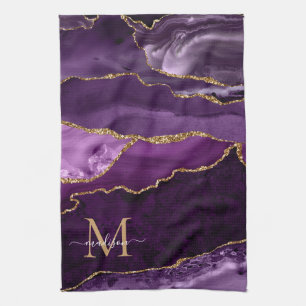 Paars Violet Gold Glitter Geode Marble Monogram Theedoek