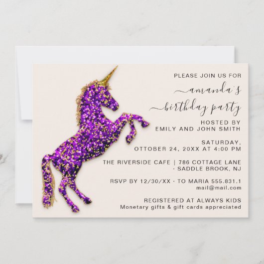 Paars Violet Gold Glitter Unicorn Horse Kaart (Voorkant)