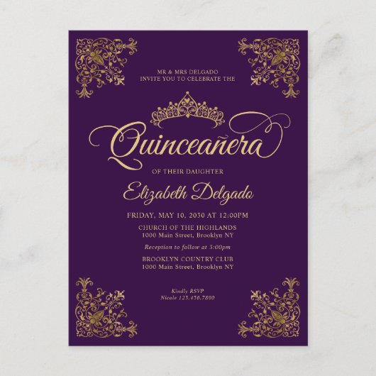  Paars Violet Gold Lijst Tiara Quinceanera Briefkaart (Voorkant)