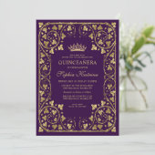  Paars Violet Gold Lijst Tiara Quinceanera Kaart (Staand voorkant)