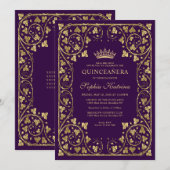  Paars Violet Gold Lijst Tiara Quinceanera Kaart (Voorkant / Achterkant)