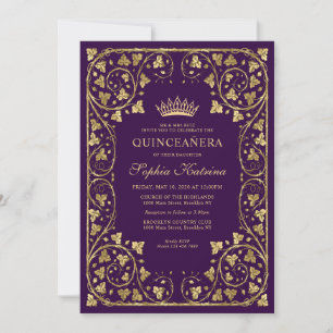  Paars Violet Gold Lijst Tiara Quinceanera Kaart