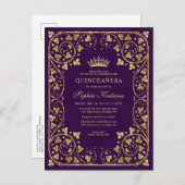 Paars Violet Gold Lijst Tiara Quinceanera Uitnodiging Briefkaart (Voorkant / Achterkant)