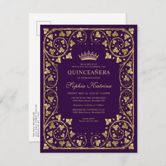  Paars Violet Gold Lijst Tiara Quinceanera Uitnodiging Briefkaart (Voorkant / Achterkant)