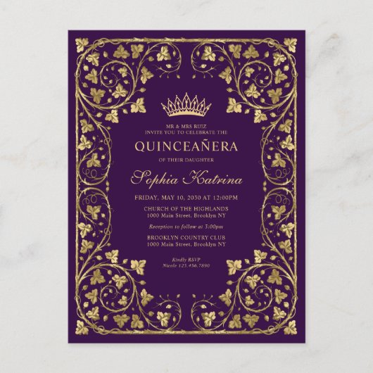  Paars Violet Gold Lijst Tiara Quinceanera Uitnodiging Briefkaart (Voorkant)