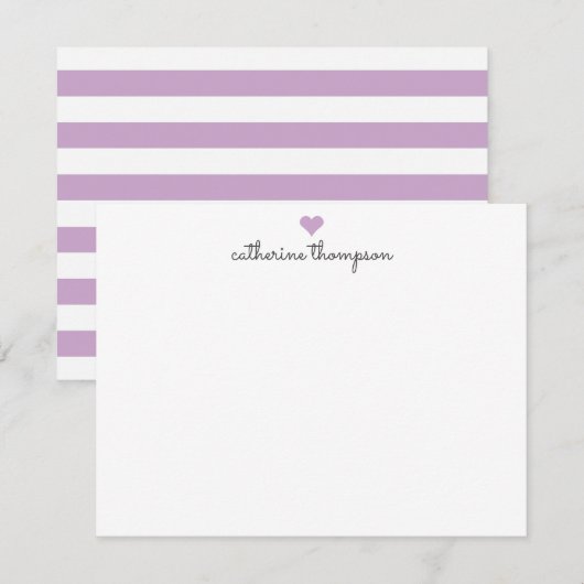 Paars Violet Heart Feminine Script Girly Stripe Notitiekaartje (Voorkant / Achterkant)