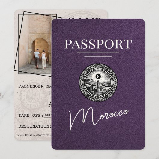 Paars Violet Marokko Paspoort Save The Date (Voorkant / Achterkant)