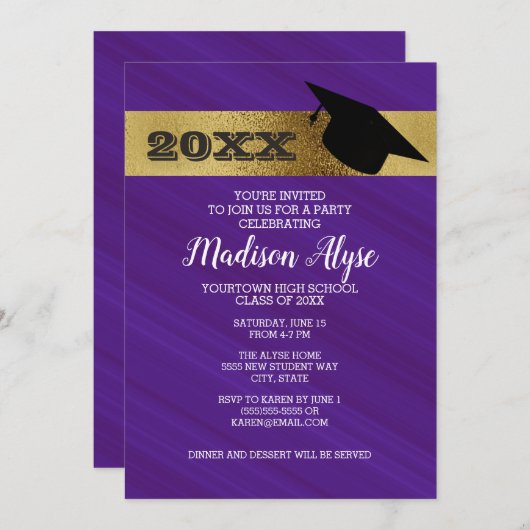 Paars Violet met gouden en gegradueerde Cap Party Kaart (Voorkant / Achterkant)