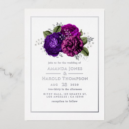 Paars, Violet, Plum en Silver Floral Wedding Folie Uitnodiging (Voorkant)