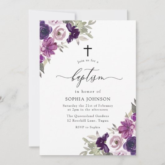 Paars Violet Waterverf Flowers Baptisme Kaart (Voorkant)