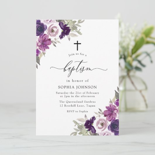 Paars Violet Waterverf Flowers Baptisme Kaart (Staand voorkant)