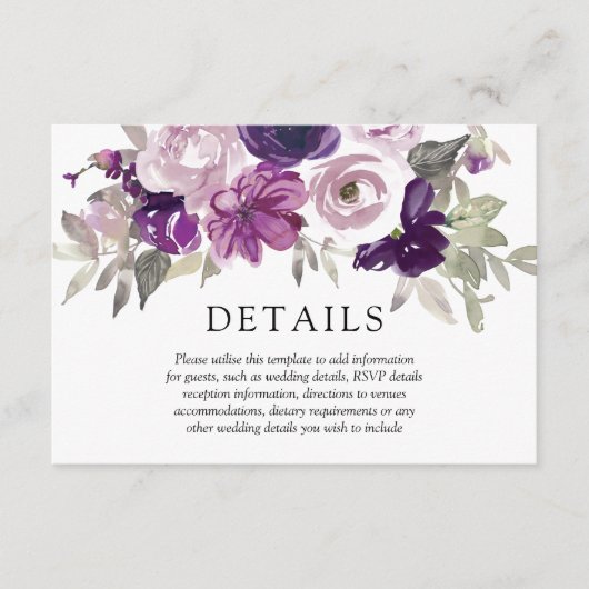 Paars Violet Waterverf Flowers Weddenschap Details Informatiekaartje (Voorkant)