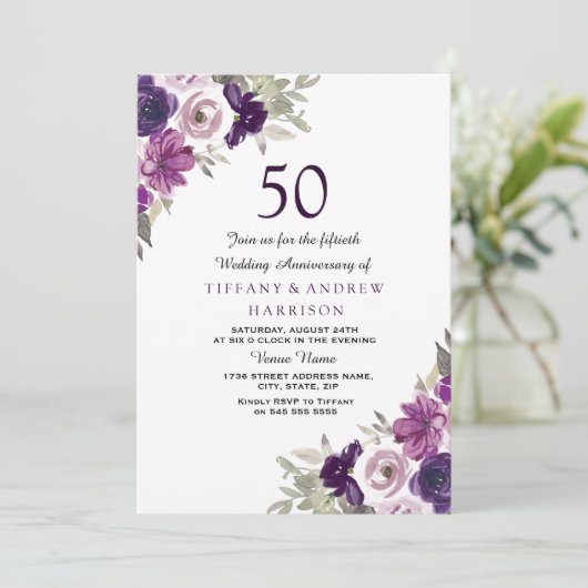 Paars Viooltje Bloemig 50ste Huwelijksverjaardag Kaart (Staand voorkant)