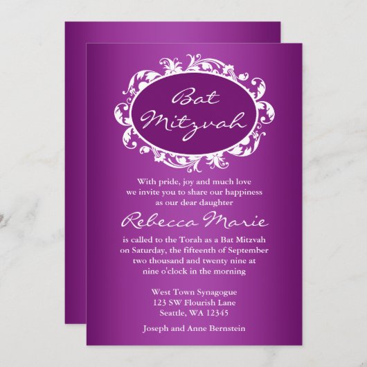 Paars Vlaams Zwirl Lijst Bat Mitzvah Kaart (Voorkant / Achterkant)