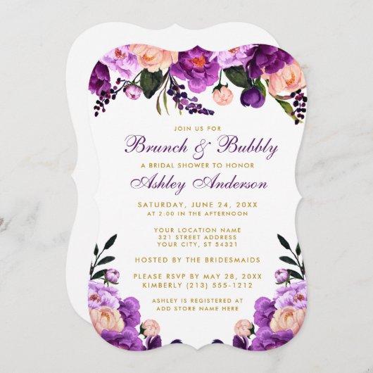 Paars Vrijgezellenfeest Brunch Gold Invite B Kaart (Voorkant / Achterkant)