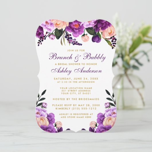 Paars Vrijgezellenfeest Brunch Gold Invite B Kaart (Staand voorkant)