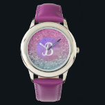 Paars wateramarine gemengd reservemonogram horloge<br><div class="desc">Zoete monogram meisje horloge met twee Toon gradiënt fonkelt design. (gesimuleerd in kunst geen glitter gebruikt)</div>