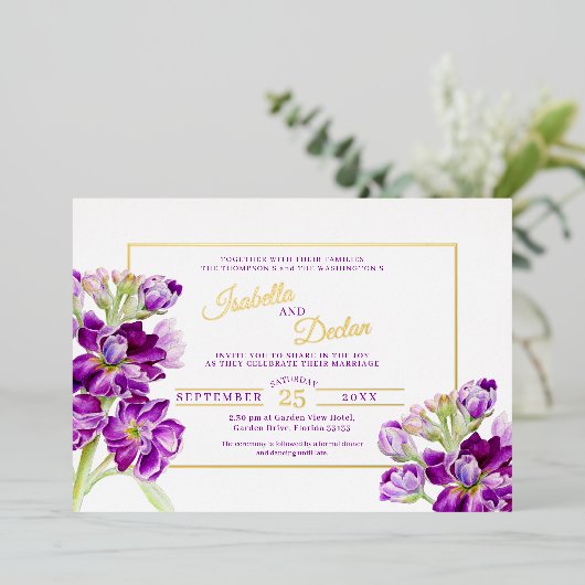 Paars waterverf bruiloft lijst folie uitnodiging (Staand Voorkant)