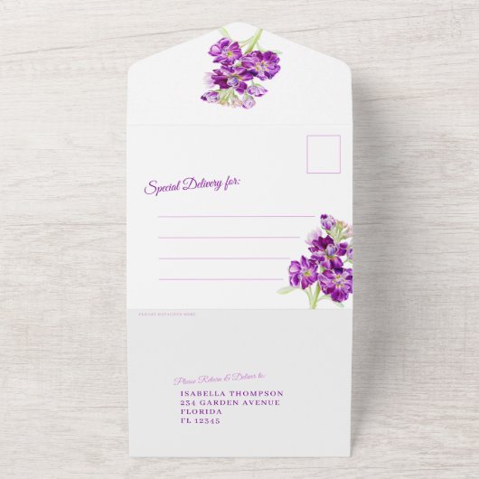 Paars waterverf bruiloft QR-code RSVP All In One Uitnodiging (Buitenkant)