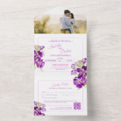 Paars waterverf bruiloft QR-code RSVP All In One Uitnodiging (Binnen)