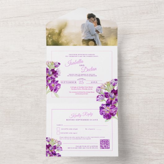Paars waterverf bruiloft QR-code RSVP All In One Uitnodiging (Binnen)