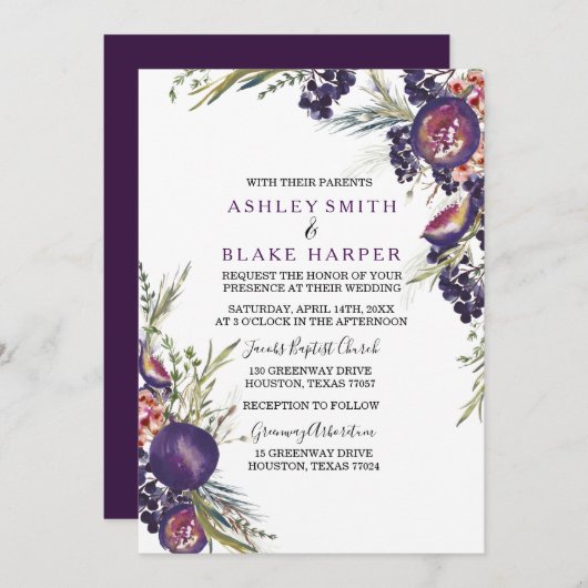 Paars Waterverf Floral Wedding Invite Kaart (Voorkant / Achterkant)