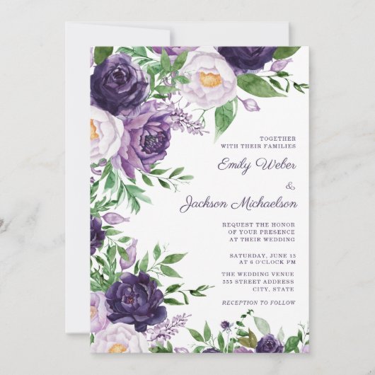 Paars Waterverf Floral Wedding Plum Kaart (Voorkant)