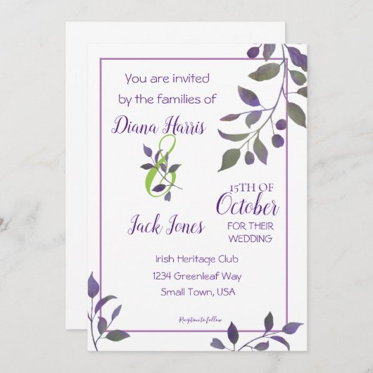 Paars Waterverf Leaf Kaart (Voorkant / Achterkant)