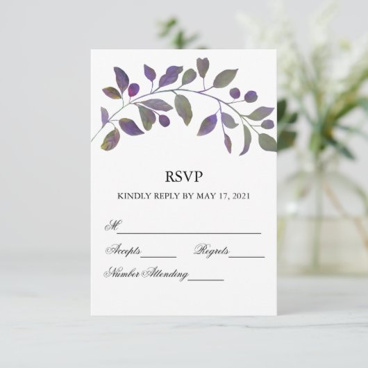 Paars Waterverf Leaf RSVP-kaarten RSVP Kaartje (Staand voorkant)
