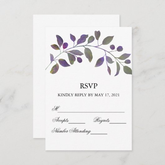 Paars Waterverf Leaf RSVP-kaarten RSVP Kaartje (Voorkant / Achterkant)