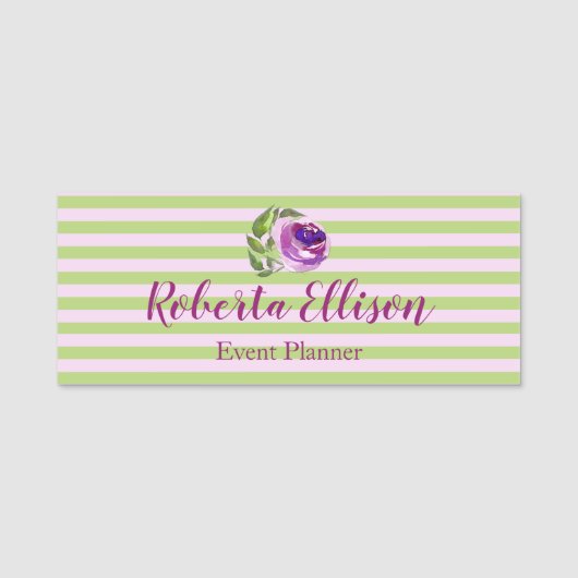 Paars Waterverf Roos Floral Stripes Naamplaatje (Voorkant)