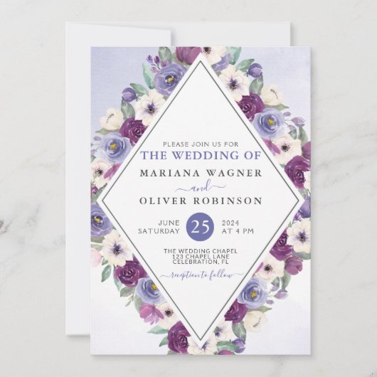 Paars Waterverf van Fuchsia Floral Wedding Kaart (Voorkant)