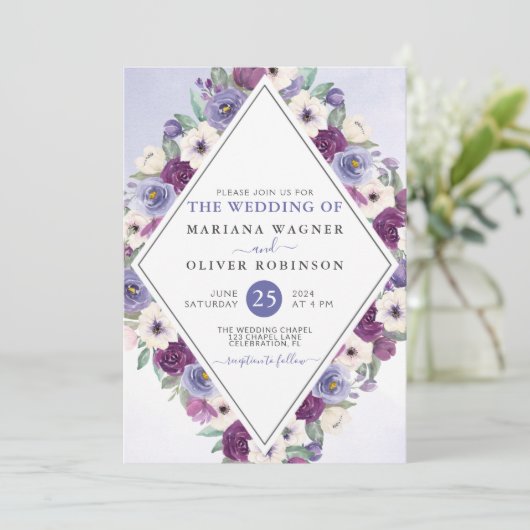 Paars Waterverf van Fuchsia Floral Wedding Kaart (Staand voorkant)