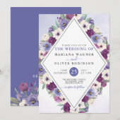 Paars Waterverf van Fuchsia Floral Wedding Kaart (Voorkant / Achterkant)
