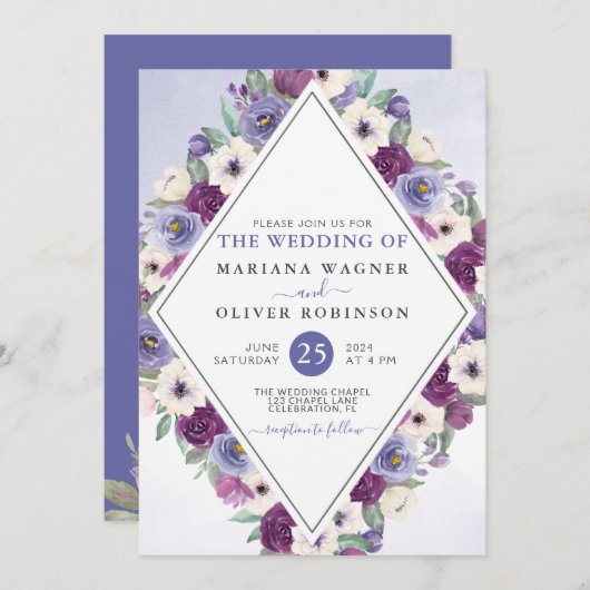 Paars Waterverf van Fuchsia Floral Wedding Kaart (Voorkant / Achterkant)